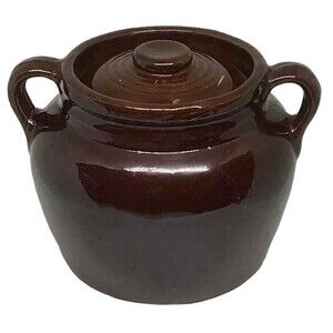 Bean Pot Brown Cookie Jar Vintage Stoneware Glazed Double Handles Lid 2 Qt 6"